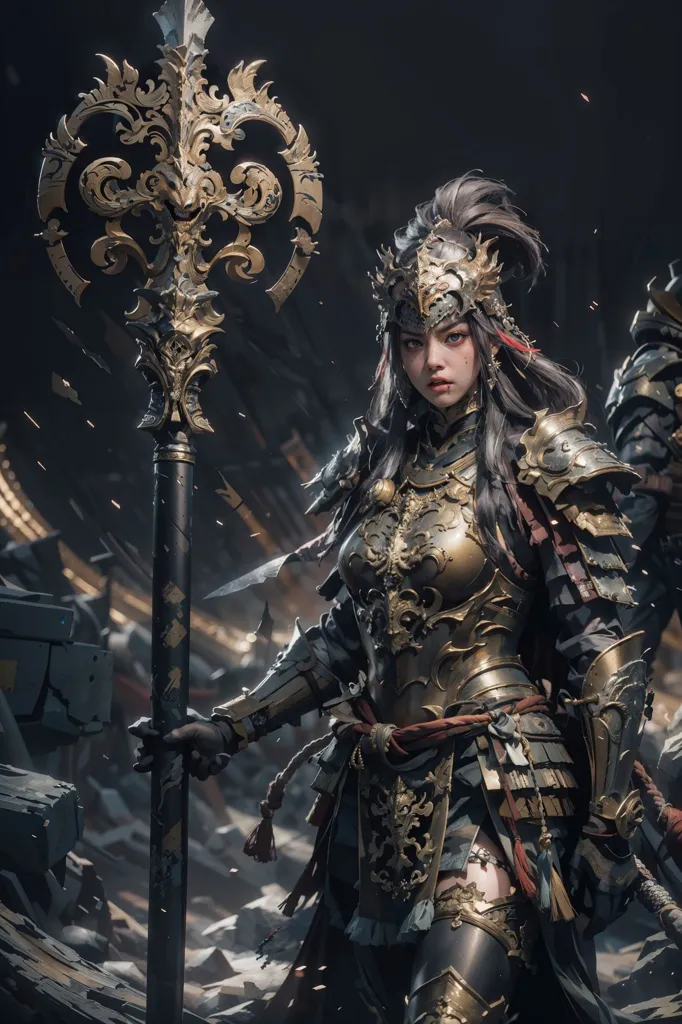 The image is of a female warrior. She is wearing a golden and black armor and a helmet with a red plume. She is holding a golden polearm with both hands. She is standing in a dark place with debris on the ground. There are two other warriors in the background.