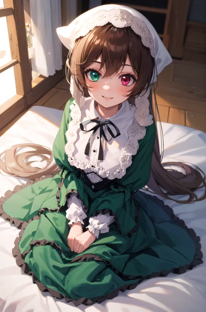 The image is a painting of a young girl with long brown hair and heterochromia eyes, one green and one red. She is wearing a green dress with a white collar and a white hood. She is sitting on a bed with a white blanket, and there is a window in the background. The girl is smiling and has a happy expression on her face.