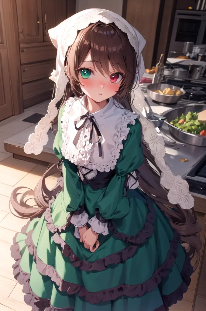 The image depicts a young girl with long brown hair and heterochromia iridum (her right eye is green and her left eye is red) wearing a green and white dress with a white apron. She is standing in a kitchen, with various cooking utensils and ingredients on the counter behind her. The girl has a shy expression on her face and is looking at the viewer with her hands clasped in front of her.