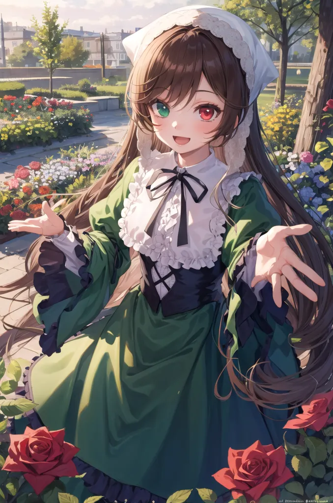 The image is a painting of a young girl in a green dress with a white collar. She has long brown hair and red eyes, and is wearing a white bonnet. She is standing in a garden, surrounded by flowers. The girl has her arms outstretched, and her face is smiling.