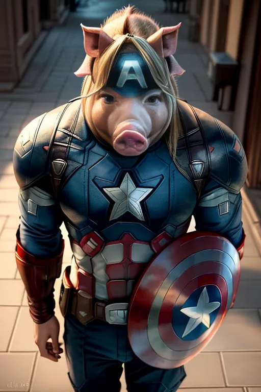 This image shows a pig wearing a Captain America costume. The pig has blonde hair and blue eyes, and is wearing a blue and red suit with a star on the chest. It is also holding a shield with a star on it. The pig is standing in a hallway, and there are buildings in the background.