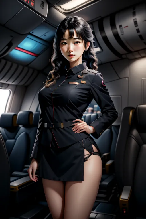 The image depicts a young woman dressed in a black uniform with a white collar and a black hat with a red band. She is standing in an airplane cabin, with her right hand resting on her hip and her left hand holding a tablet. She has long black hair and brown eyes, and she is wearing lipstick. The background of the image is blurred, with a few seats visible in the distance.