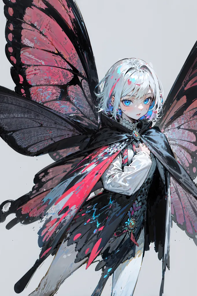 The image is a digital painting of a young woman with white hair and blue eyes. She is wearing a black and red cape and has butterfly wings in shades of black, red, and blue. The wings are spread out behind her and she is looking at the viewer with a serious expression. The background is a light gray and there is a small amount of light shining on her face and hair. The painting is done in a realistic style and the artist has used a variety of techniques to create a sense of depth and realism.