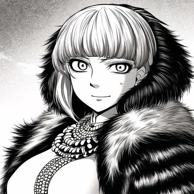 The image is of a beautiful woman with long white hair and black eyes. She is wearing a fur coat and a necklace made of snakes. The woman has a confident expression on her face and is looking at the viewer with her right eye.