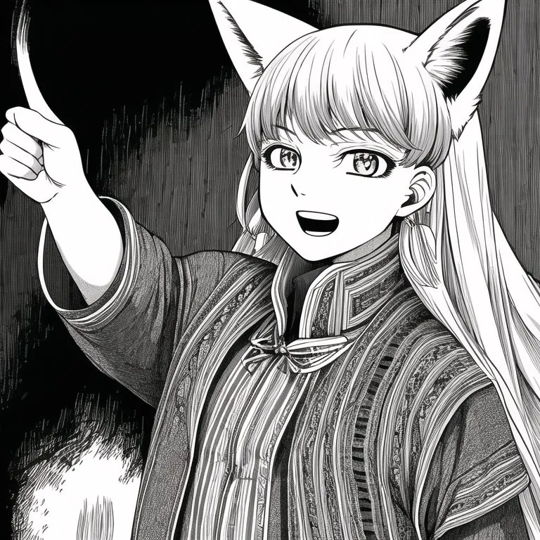 The image is a black and white illustration of a young woman with fox ears. She is smiling and pointing to the left. She is wearing a traditional Chinese dress with a long collar and a bow at the waist. Her hair is long and flowing, and she has a small fox tail. The background is dark and nondescript.