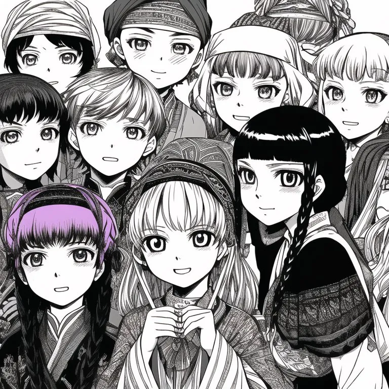 La imagen es una ilustración en blanco y negro de un grupo de personas, probablemente adolescentes, de diferentes edades. Todos están vestidos con ropa tradicional japonesa y tienen el cabello recogido en diferentes estilos. Las personas están sonriendo y mirando al espectador. El fondo es de un solo color y no hay indicación de dónde se encuentran las personas.