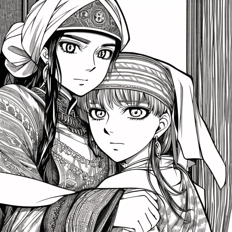 The image is a black and white drawing of two people, who appear to be women, embracing. The woman on the left is taller than the woman on the right and has long, flowing hair and is wearing a turban or headscarf. The woman on the right has shorter hair and is wearing a dress with a high collar. The background is a simple wall with a door.