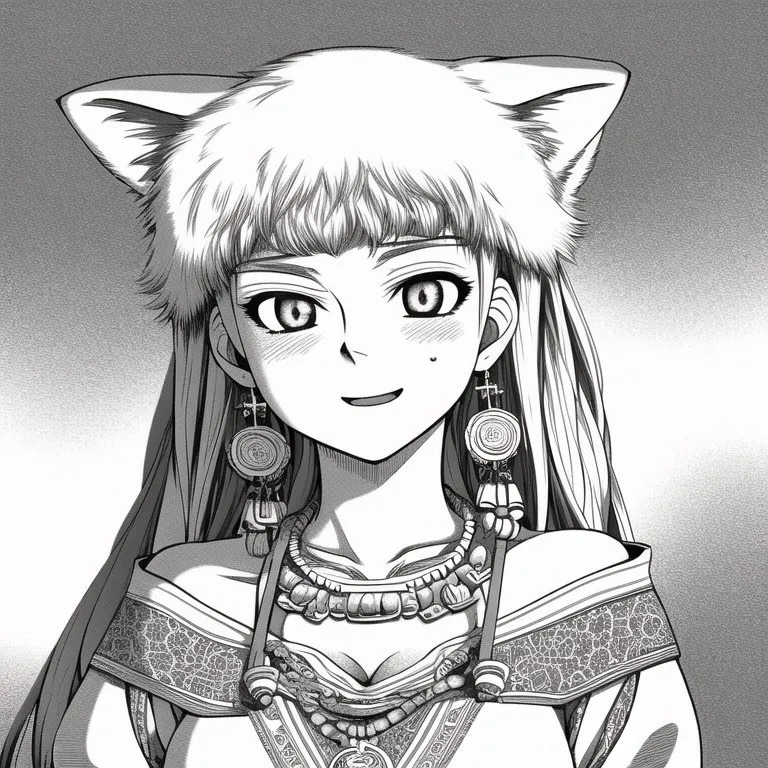 The image is a black and white portrait of a young woman with cat ears. She has long, flowing hair and is wearing a traditional Japanese kimono. The woman has a serene expression on her face and is looking at the viewer with her big, round eyes.