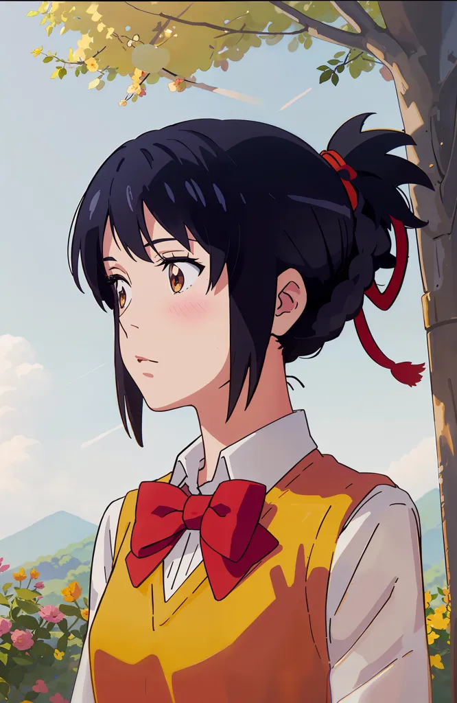 The image is an anime-style drawing of a girl with black hair and brown eyes. She is wearing a yellow sweater vest, a white shirt, and a red bow tie. Her hair is tied back in a ponytail with a red ribbon. She is standing in a field of flowers, looking off to the left. There is a tree next to her with pink flowers. The background is a blue sky with white clouds.