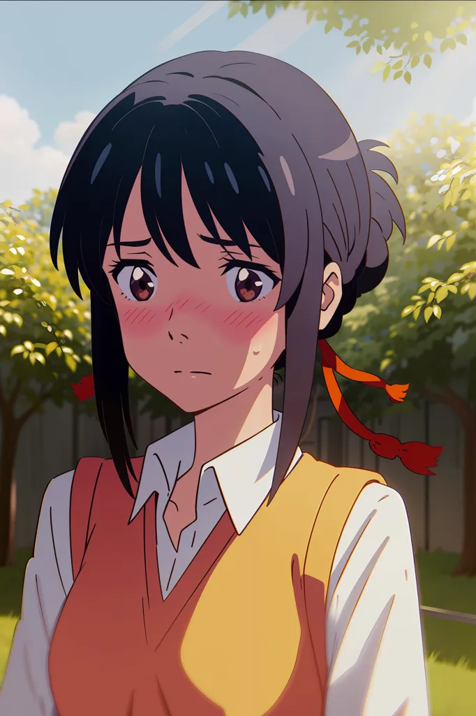 The image shows a young girl with long black hair tied in a low ponytail. She has brown eyes and a slightly pink blush on her cheeks. She is wearing a white dress shirt with a mustard yellow sweater vest. The background is blurred, but it looks like there are trees in the distance. The girl is looking at something off-screen with a slightly sad expression on her face.