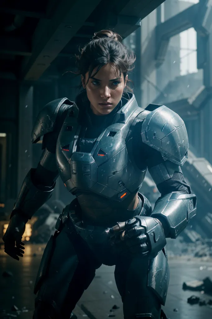 A woman in a dark colored, futuristic armor suit is standing in a dark, industrial setting. She has a ponytail, and her face is partially obscured by the helmet of her armor. She is looking to the left of the frame, and her right hand is holding a gun. The background is out of focus, and there are several large pieces of debris on the ground.