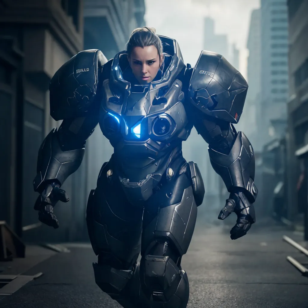 This is a picture of a woman wearing a futuristic suit of armor. The armor is mostly black with blue lights on the chest and arms. The woman has blonde hair and a determined look on her face. She is walking down a street in a city. The street is lined with tall buildings and there are cars parked on either side of the street. The sky is dark and cloudy.