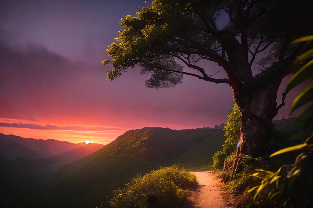 この画像は、夕暮れ時の美しい山岳地帯の景色を捉えています。空と雲は輝く橙色に染まり、画像の端に向かって暗闇に移行しています。太陽は山々の後ろに沈みつつあり、その光線が大地に金色の輝きを投げかけています。山々は緑豊かな木々に覆われ、曲がりくねった小道が通っています。画像の前景には、太い幹と茂った葉を持つ大きな木が立っています。その木は小道に影を落とし、葉が風に揺れています。この画像は穏やかで静謐な雰囲気を醸し出し、自然の美しさを捉えています。