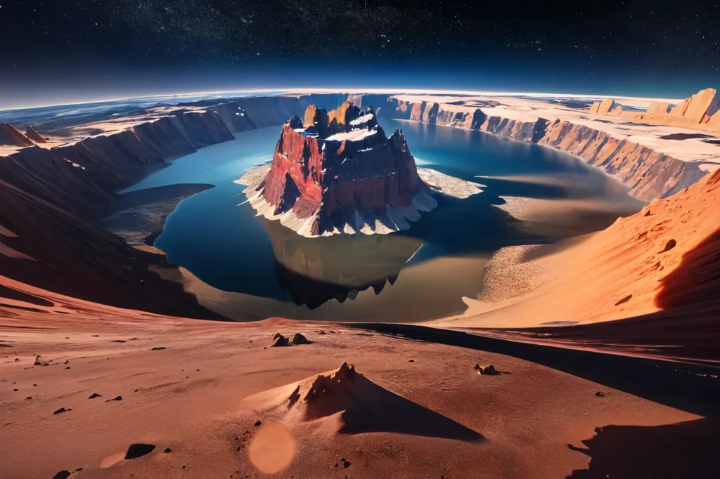 A imagem mostra um grande cráter em um planeta desértico. O cráter está cheio de um lago e há uma grande ilha no meio do lago. A ilha é cercada por falésias íngremes e há uma montanha coberta de neve no topo da ilha. O cráter é cercado por um deserto e há dunas de areia em primeiro plano. O céu está escuro e há estrelas e uma nebulosa ao fundo.