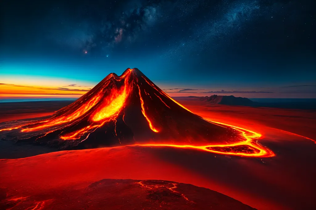 Gambar ini menunjukkan gunung berapi yang sedang meletus di malam hari. Gunung berapi itu menyemburkan lava dan abu ke udara. Lava mengalir turun di sisi-sisi gunung berapi dan ke area sekitarnya. Langit gelap dan ada bintang-bintang serta galaksi berwarna biru dan ungu di latar belakang. Gunung berapi terletak di padang pasir dan ada gunung-gunung di latar belakang. Gambar ini sangat detail dan realistis.