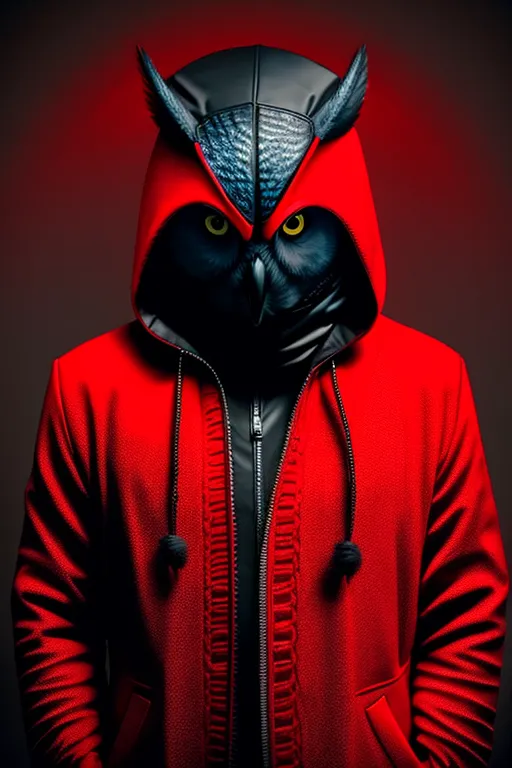 This is a digital painting of an owl wearing a red and black hoodie. The owl has its hood up and is looking at the viewer with its big, yellow eyes. The painting is done in a realistic style and the owl's feathers are rendered in great detail. The background is a dark, neutral color which makes the owl stand out.