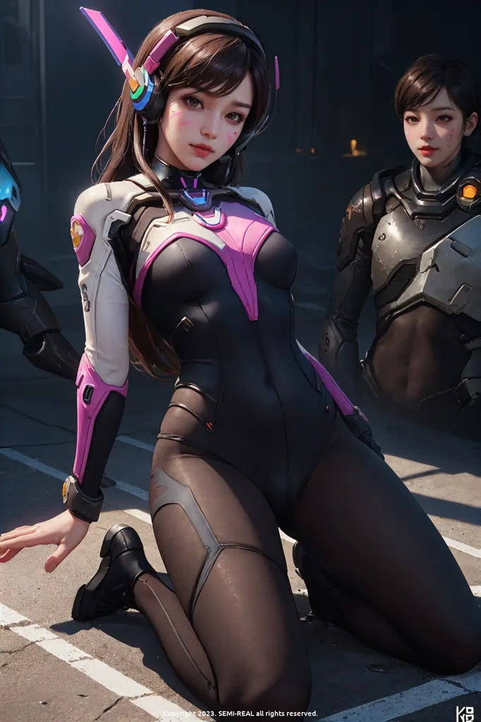 The image is of a young woman with brown hair and purple eyes. She is wearing a black and pink bodysuit with a white collar. The bodysuit has a zipper in the front and a high collar. She is also wearing black boots and a pair of headphones. The woman is kneeling on the ground with her left hand on the ground and her right hand on her knee. She is looking at the viewer with a serious expression. There is another woman standing in the background. She is wearing a gray and yellow bodysuit with a helmet.