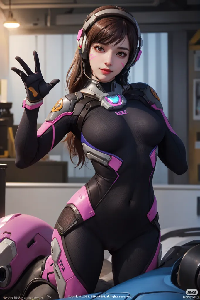 The image is of a young woman with long brown hair and brown eyes. She is wearing a black and pink bodysuit with a large pink crystal on her chest. She is also wearing a pair of black and pink headphones. She has a friendly expression on her face and is waving with one hand. There is a motorcycle behind her.