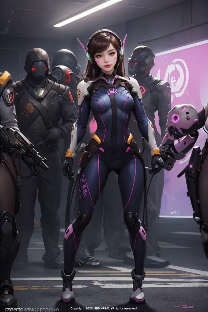 The image shows a young woman with brown hair and purple eyes. She is wearing a purple and blue bodysuit with a white collar. She also has a pair of headphones on and a small device attached to her left hand. She is standing in front of a group of armed men in black uniforms. The men are all wearing helmets and gas masks. The woman has a confident expression on her face, while the men look serious and focused. The image is set in a dark and futuristic environment.