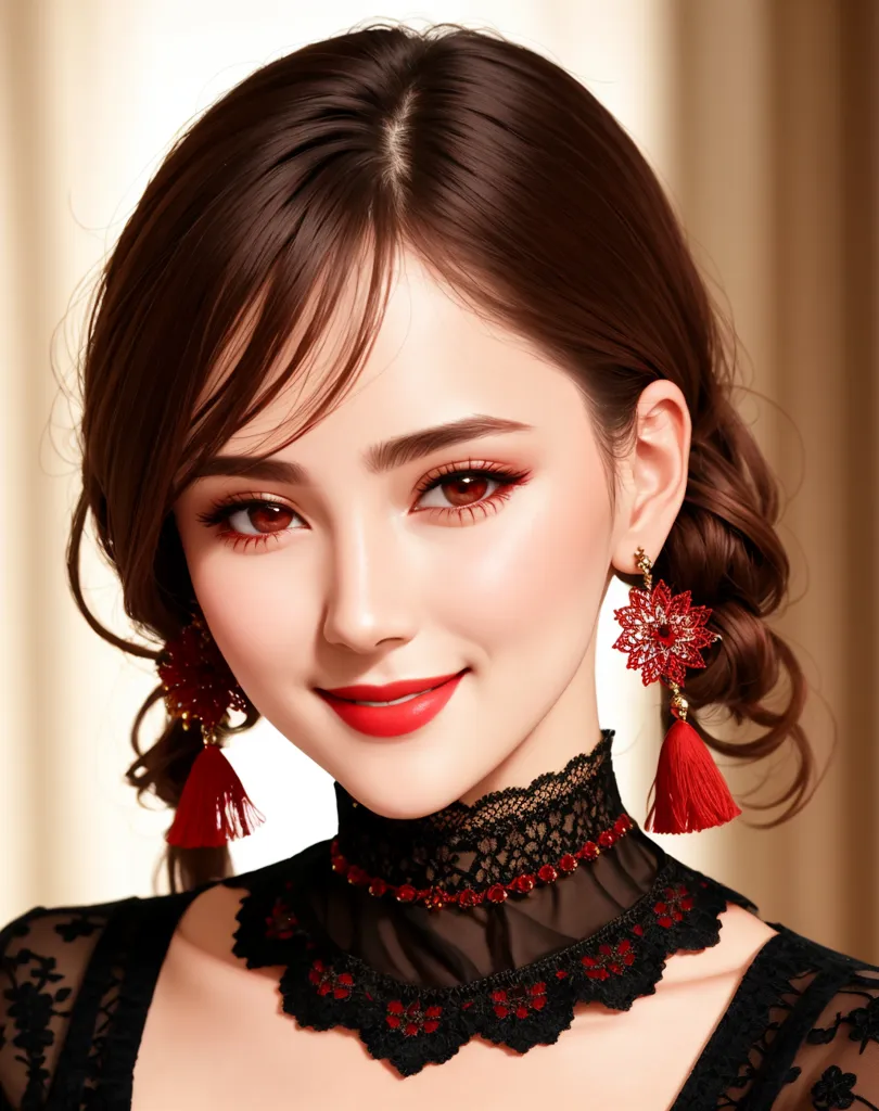 The picture shows a young woman with long brown hair, red eyes, and a gentle smile. She is wearing a black lace choker with red details and red earrings. The background is blurred, and the woman's skin is flawless.