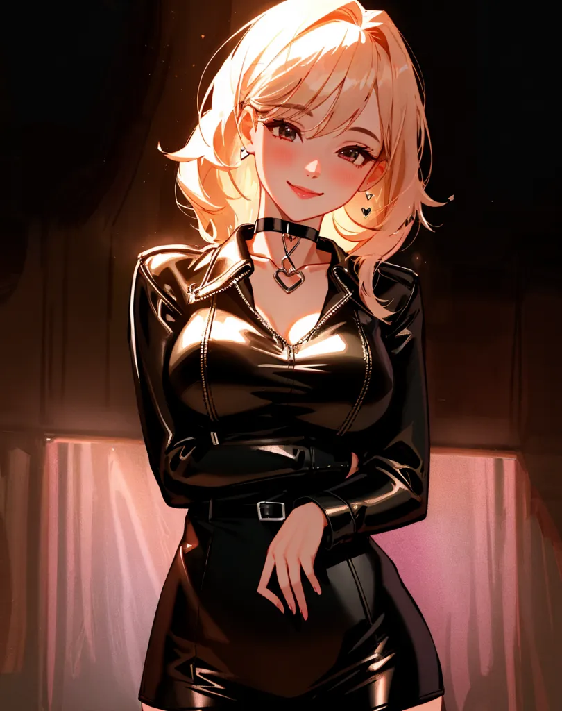 The image is a digital painting of a young woman with long blonde hair and blue eyes. She is wearing a black leather jacket and a black dress. The jacket is open, revealing a glimpse of her cleavage. She is also wearing a necklace with a heart-shaped pendant. The woman is standing in a dark room, with only a single light source illuminating her from the front. Her expression is one of confidence and defiance.