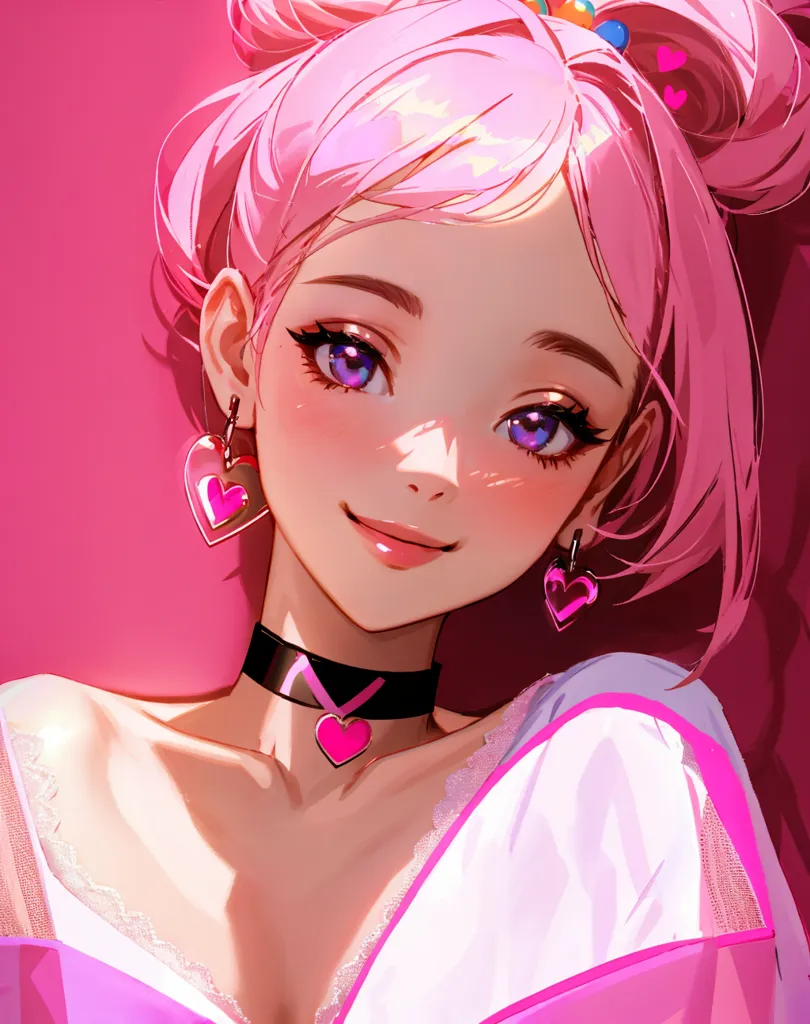 The image is a portrait of a young woman with pink hair and purple eyes. She is wearing a pink dress with a white collar and has a heart-shaped necklace and earrings. Her hair is tied up in two buns and she has a small smile on her face. The background is a solid pink color.