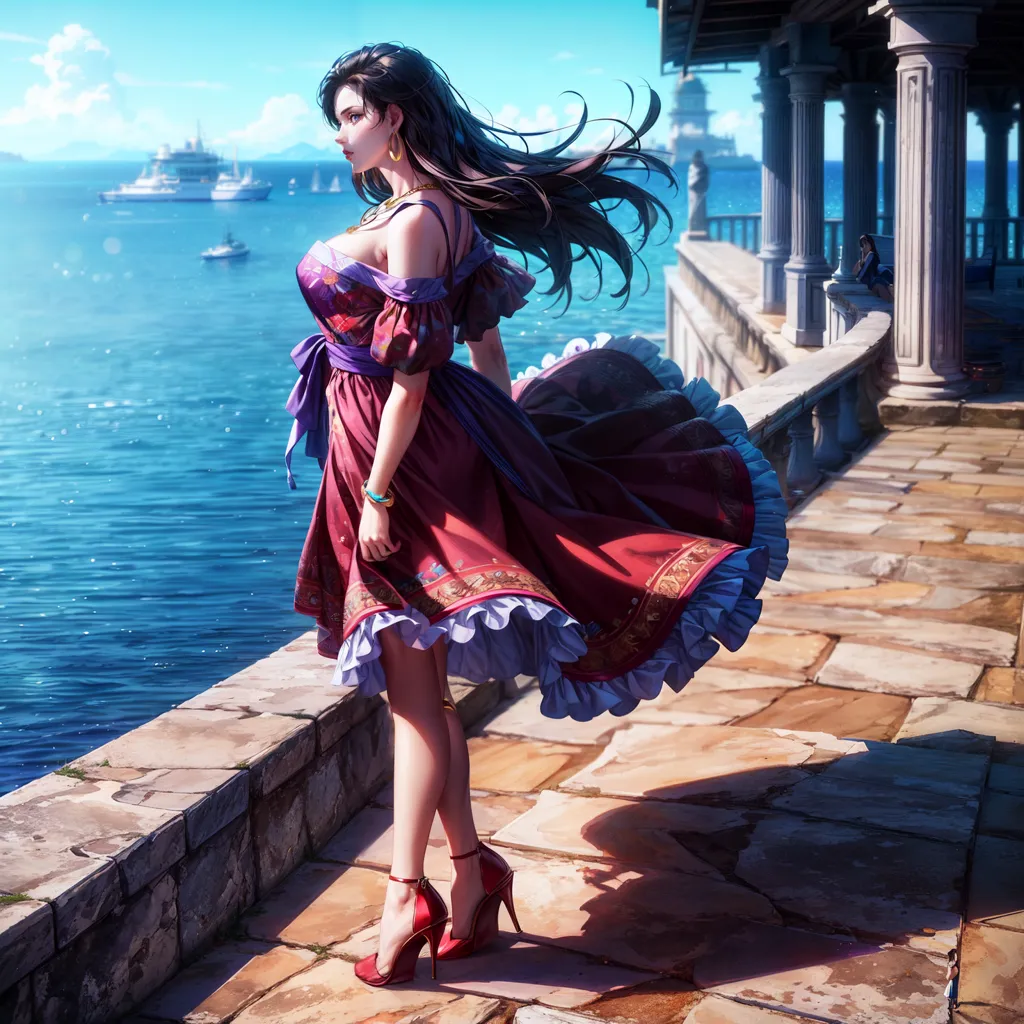 A woman with long black hair is standing on a stone balcony. She is wearing a red and purple dress with a low neckline and a high slit. She is also wearing red high heels. The woman is looking out at the ocean. There are two ships in the distance. The sky is blue and the sun is shining.