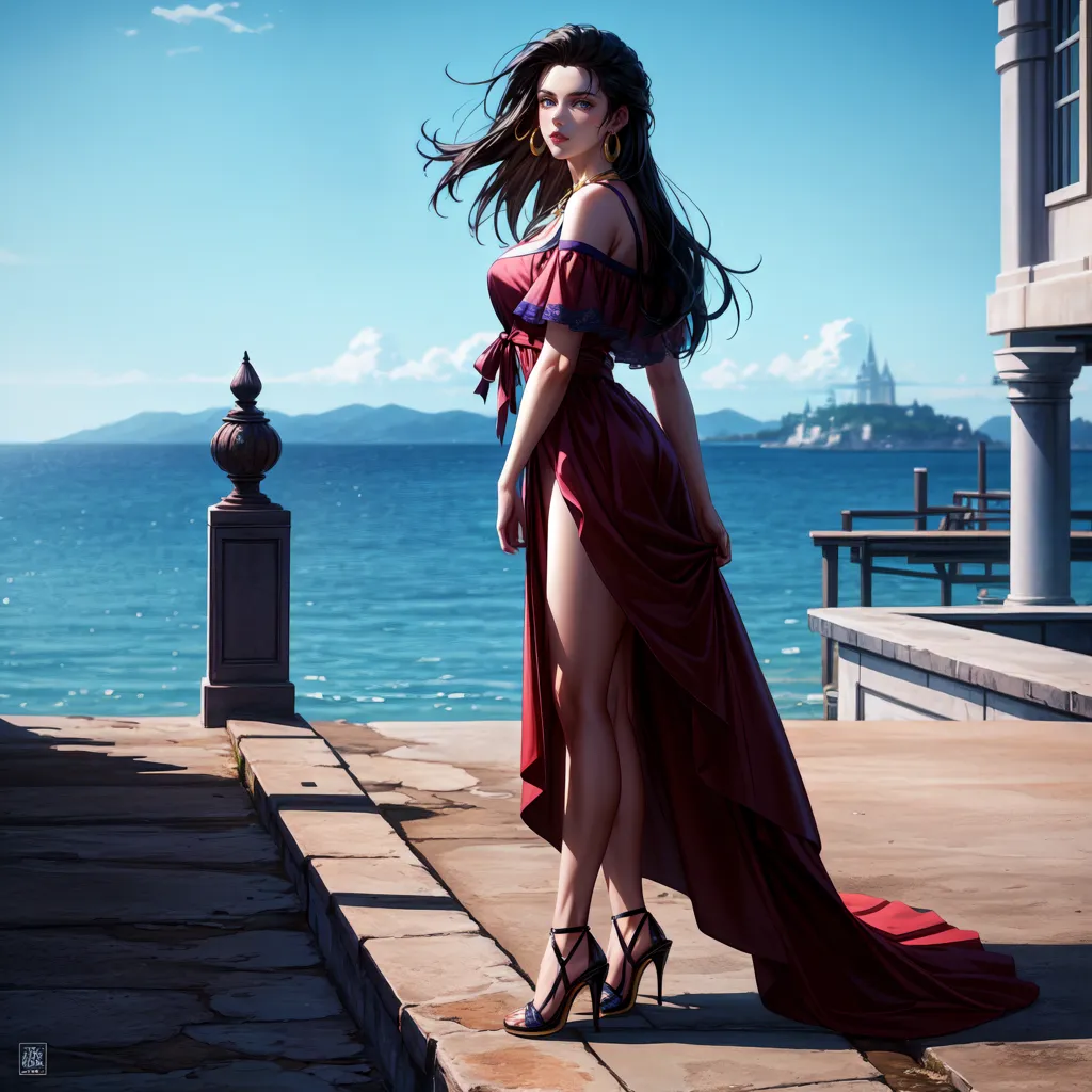 A woman with long black hair flowing in the wind is standing on a stone terrace by the sea. She is wearing a red dress with a thigh-high slit and black high heels. The woman has a confident expression on her face and is looking out at the sea. In the background, there is a large castle on a hill.