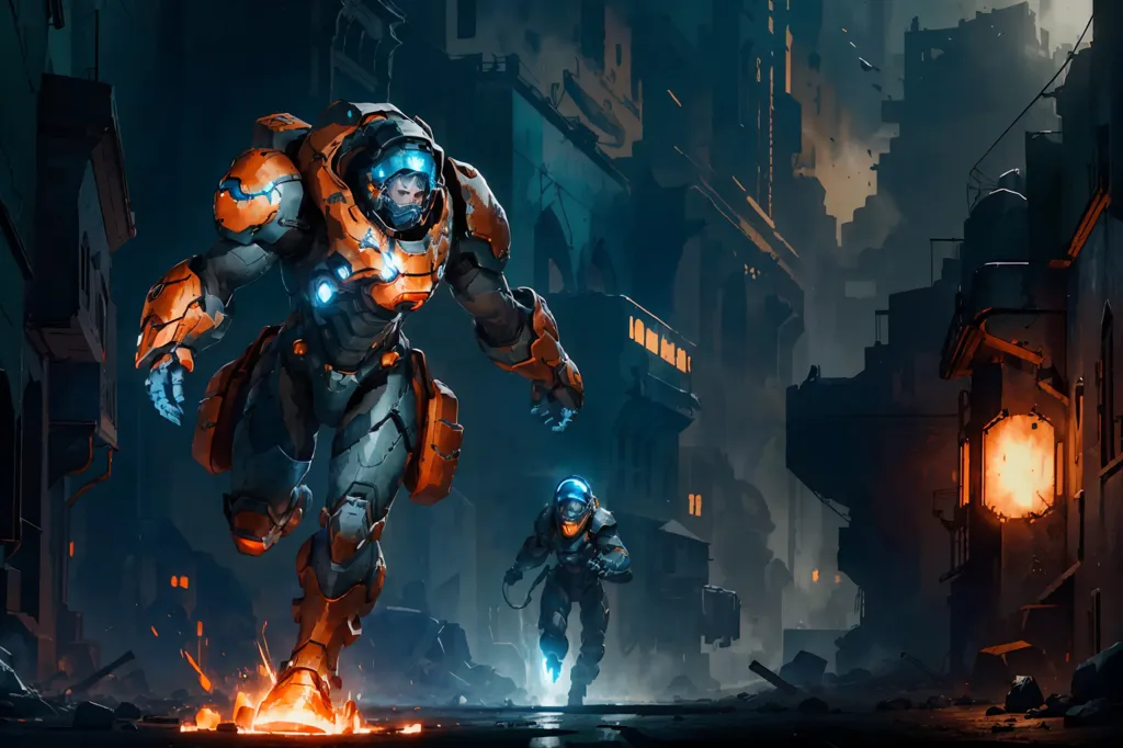 The image is set in a dark and destroyed city. There are two figures in the foreground. They are both wearing orange and gray armor and carrying guns. The figure on the left is larger and has a more muscular build. The figure on the right is smaller and more slender. They are both running towards the viewer. In the background, there are tall buildings and a large spaceship. The spaceship is firing its engines, and there is smoke coming out of the back of it. The image is full of action and suspense. It is clear that the two figures are in danger, and it is unclear what will happen to them.