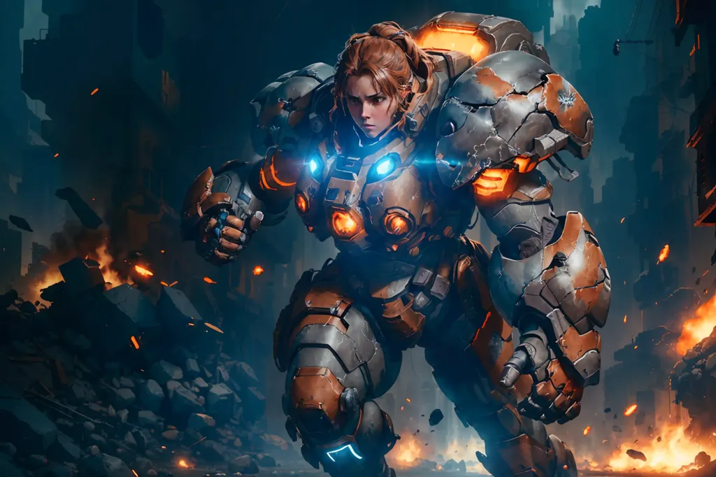 This is an image of a woman wearing a futuristic suit of armor. She has brown hair and blue eyes. The armor is mostly gray and orange, with some blue lights on the chest and arms. She is standing in a dark, ruined city. There are explosions and fires in the background. She is looking at the viewer with a determined expression.