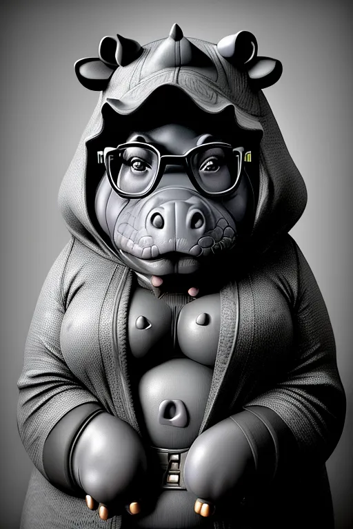 This image shows a realistic rendering of a humanoid hippopotamus wearing a black robe with a hood. The hippopotamus is wearing glasses and has a smug expression on its face. It is standing with its hands clasped in front of its belly.