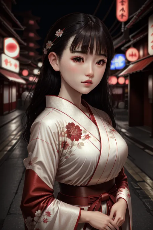 The picture shows a young woman, she is wearing a kimono with a floral pattern. The kimono is white with red and pink flowers. The woman has long black hair and bangs. There are some white flowers in her hair. The woman is standing in a street with red lanterns in the background. The street is at night. The woman is looking at the viewer with a slight smile.