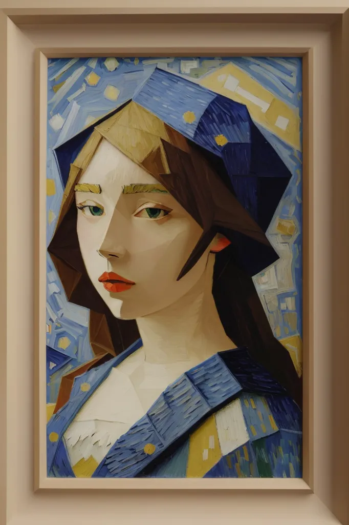 The painting is a portrait of a young woman. She has light brown hair and green eyes. She is wearing a blue headscarf and a white blouse. The background is a dark blue night sky with yellow stars. The painting is done in a cubism style.