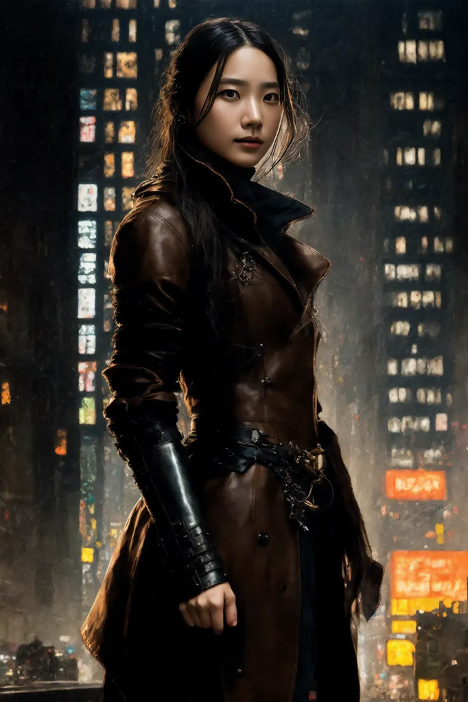 The image shows a young woman, probably in her 20s, dressed in a brown leather trench coat. The coat is open, showing a black turtleneck sweater underneath. She is also wearing a black leather belt with a silver buckle and a pair of black leather gloves. She has long black hair and brown eyes. She is standing in a dark alleyway, with a city in the background. The city is full of skyscrapers and neon lights. The woman is looking at the camera with a serious expression.