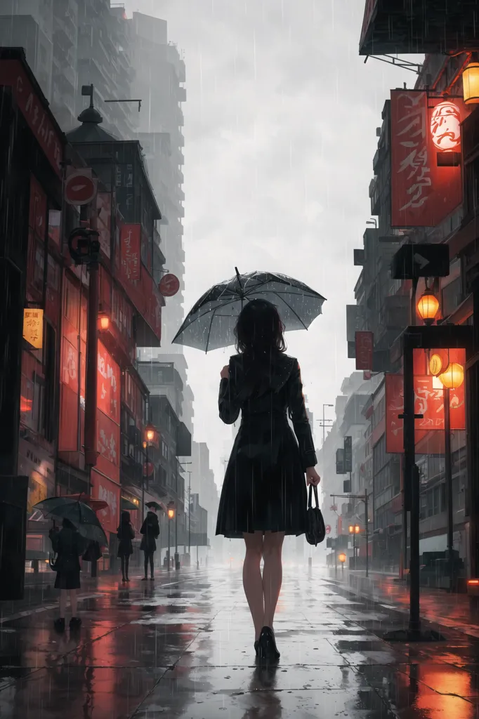 The image is set in a rainy city street. The street is lined with tall buildings, and the red and yellow signs and lanterns are reflected in the wet pavement. A woman in a black dress and holding a black umbrella is walking away from the camera. She is wearing a black hat and carrying a black purse. The image is full of atmosphere and mystery. One can almost feel the rain and hear the sound of the traffic in the distance.