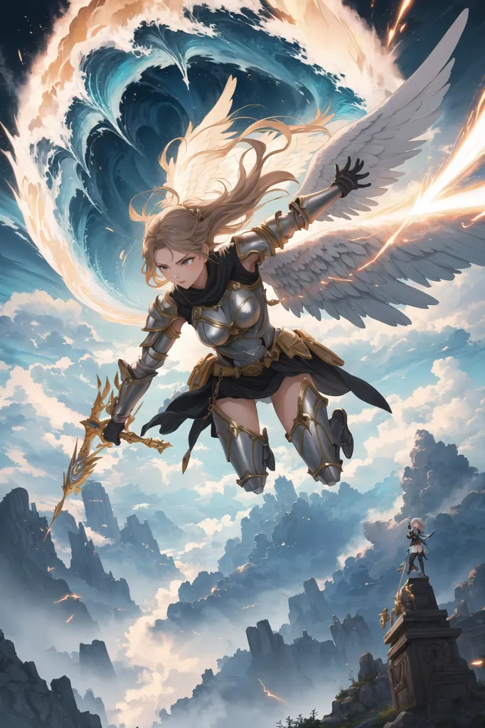 The image shows a female warrior angel with long blond hair and blue eyes. She is wearing a silver and gold breastplate and a black skirt. She is also wearing a pair of silver gauntlets and a pair of silver greaves. She has a large pair of white wings and is flying through the air. She is holding a sword in her right hand and is pointing it forward. There is a large wave of water behind her and a large rock formation in the foreground. There is a small figure standing on the rock formation.