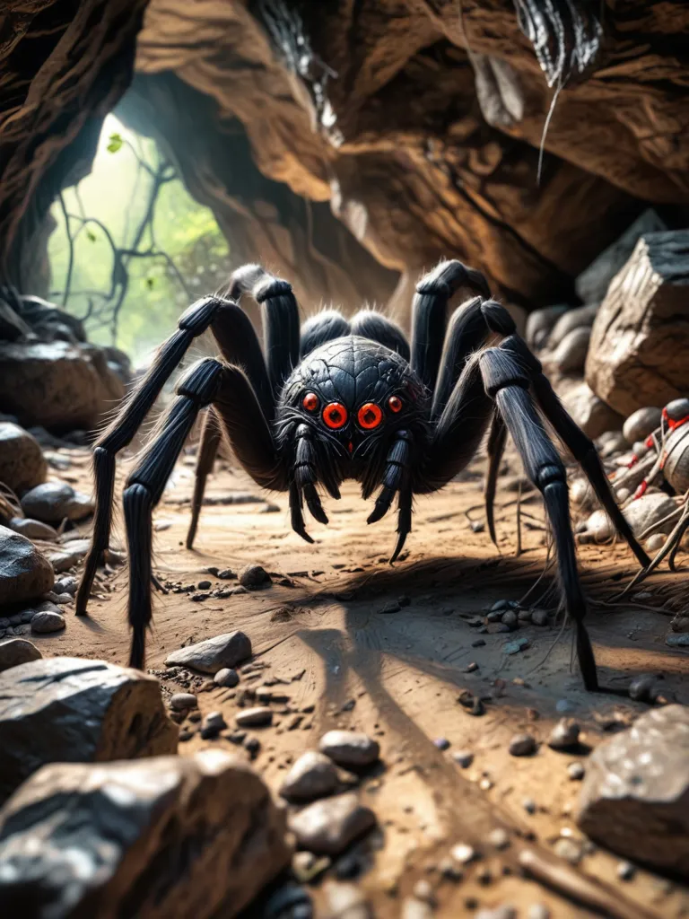 The giant spider is a fearsome creature with eight long, hairy legs and a body the size of a small dog. Its red eyes glow in the darkness of the cave, and its pincers are dripping with venom. The spider is poised to attack, and its victim is nowhere to be seen. The cave is filled with the sound of the spider's heavy breathing, and the only other noise is the dripping of water from the walls. The spider is patient, and it knows that its prey will eventually come.