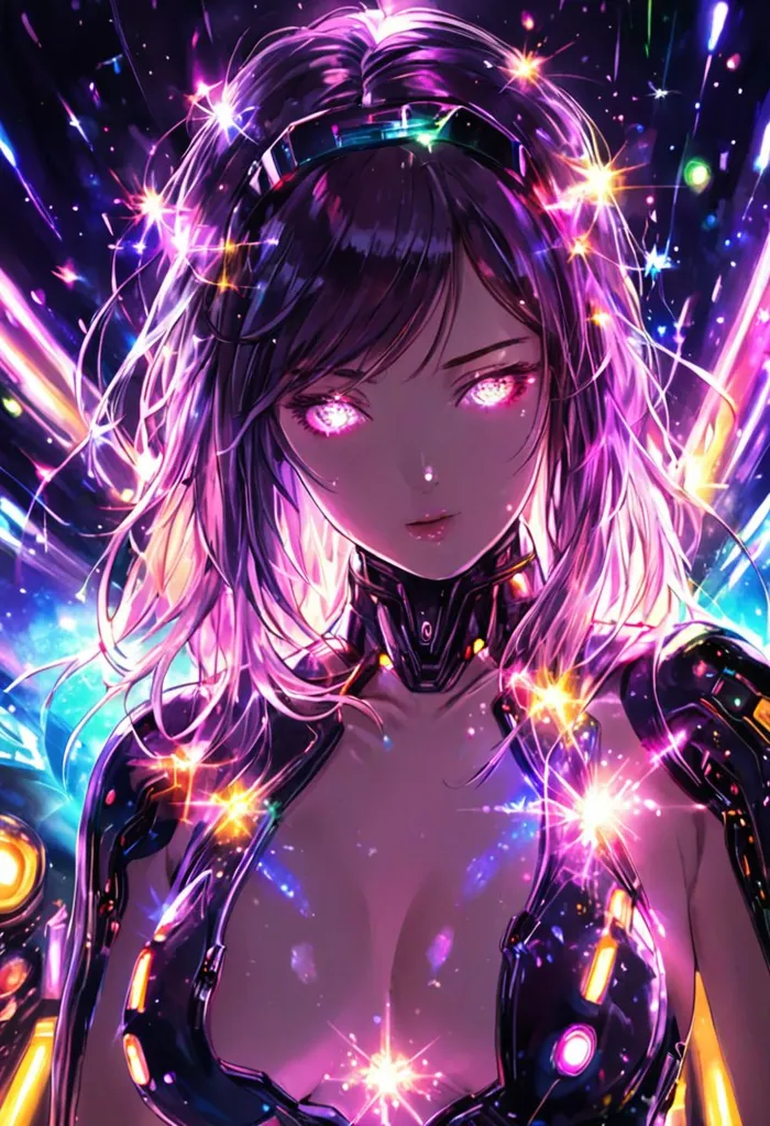 The picture shows a beautiful anime girl with long purple hair. She is wearing a black and purple bodysuit with a lot of technological details. Her eyes are glowing pink, and she has a serious expression on her face. She seems to be in some kind of futuristic setting, with bright lights and energy effects all around her.