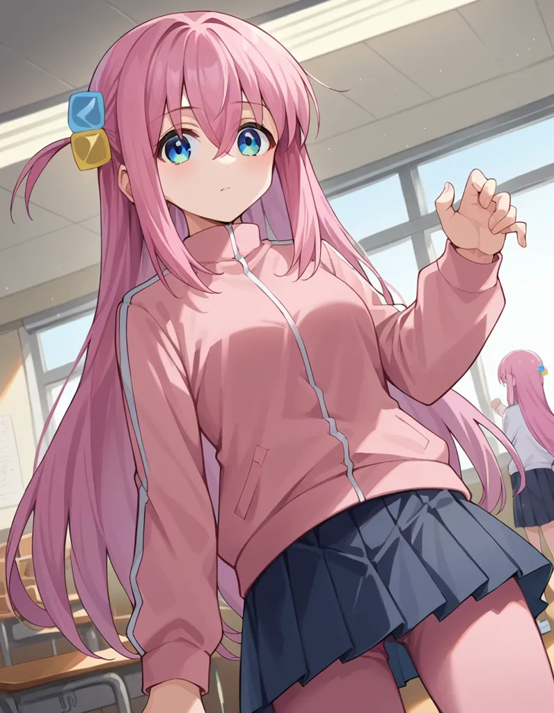 The image shows a young girl with pink hair and blue eyes. She is wearing a pink tracksuit with a white collar and a blue skirt. She has a yellow and blue hair tie in her hair. She is standing in a classroom, looking at the viewer with a curious expression on her face.