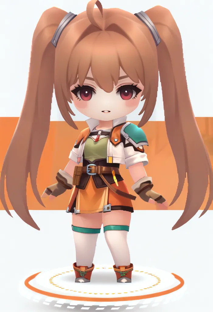 The image shows an anime-style girl with long brown hair and orange eyes. She is wearing an orange and white outfit with a brown belt and boots. She has a determined expression on her face and is standing with her feet shoulder-width apart.