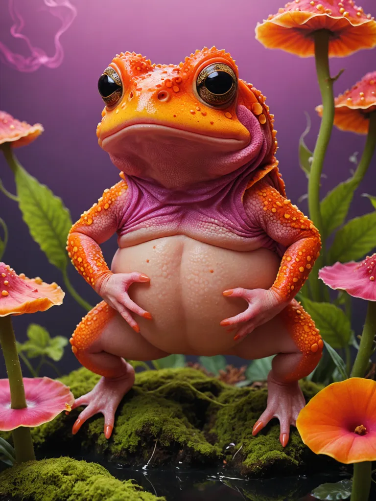 The image depicts a large, orange and pink frog sitting on a bed of moss. The frog has its hands on its belly and is looking at the viewer with a curious expression. The frog is surrounded by various types of mushrooms. The background is a light purple color.