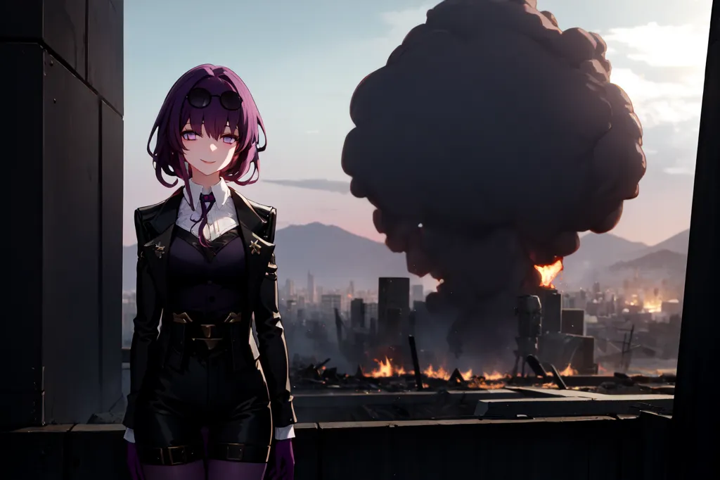 The image shows an anime girl with purple hair and purple eyes. She is wearing a black suit and purple tie. She is standing on a rooftop with a destroyed city in the background. There is a large explosion behind her. The girl is smiling.