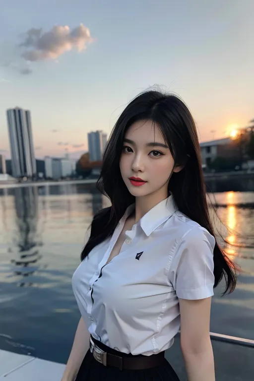 The image shows a young woman standing on a boat. She is wearing a white short-sleeved shirt and a black skirt. The woman has long black hair and red lipstick. She is looking at the camera with a serious expression. In the background, there is a large river and a city skyline. The sky is blue with a few clouds. The sun is setting and casting a golden glow over the scene.