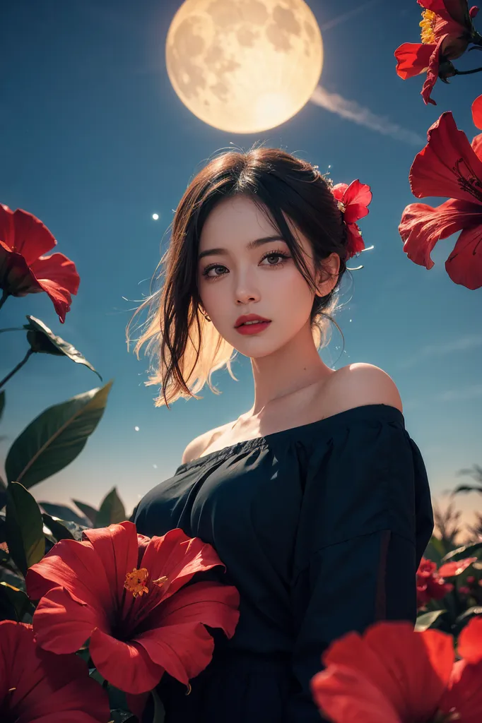 The image is a portrait of a young woman with long dark hair and red lips. She is wearing a black off-the-shoulder dress and has a red hibiscus flower in her hair. She is standing in a field of red hibiscus flowers and there is a full moon in the background. The sky is dark blue and there are some stars in the sky. The woman is looking at the camera with a serious expression.