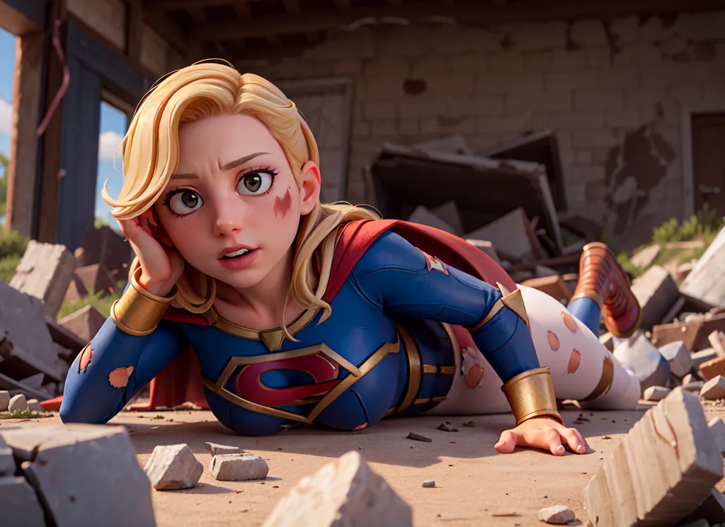 The image shows a young woman in a Supergirl costume. She is lying on the ground in a destroyed building. She is looking at the camera with a worried expression on her face. She has a cut on her cheek and her costume is torn. There are pieces of rubble all around her.