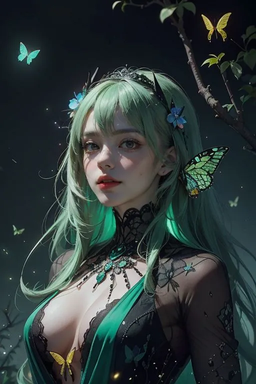 The image shows a beautiful woman with long green hair and blue eyes. She is wearing a green dress with a low neckline and a butterfly on her shoulder. There are also butterflies in her hair and around her. The background is dark with a tree branch and leaves.