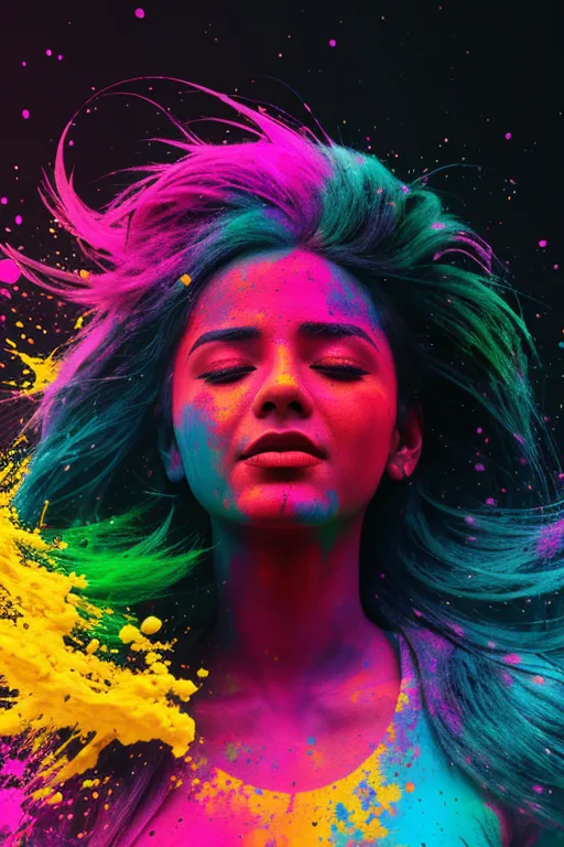 A young woman is covered in bright pink, blue, and yellow powder. Her eyes are closed and her head is tilted back. Her hair is long and flowing. The background is black. The woman is likely celebrating the Hindu holiday Holi, which is a festival of colors.