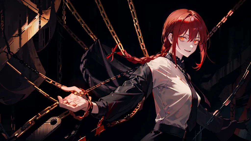 The image is of a woman with long red hair and yellow eyes. She is wearing a white button-down shirt and a black jacket. Chains are wrapped around her arms and one of her hands is holding a chain. She is standing in a dark room with a red light shining on her.