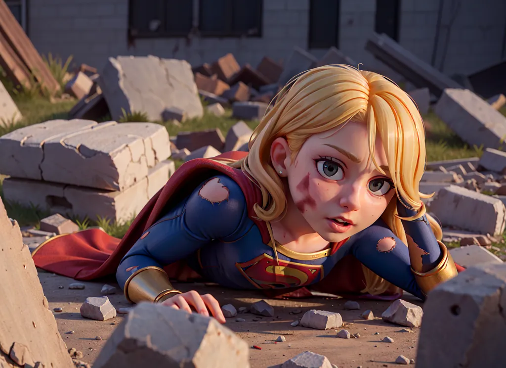 The image shows a young woman in a tattered blue and red superhero costume. She is lying on the ground, surrounded by rubble. The woman has blonde hair and blue eyes, and she is looking at the viewer with a worried expression. Her costume is torn and she has a cut on her cheek. The background of the image is a destroyed city, with buildings in ruins and debris everywhere.