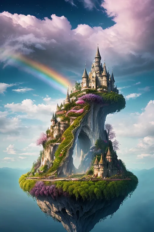 The image is a beautiful depiction of a fairytale castle. The castle is perched on a rocky hilltop and is surrounded by lush greenery. A rainbow arches over the castle, and there are clouds dotting the sky. The castle is made of gray stone and has a variety of towers and turrets. The windows are arched and there are crenellations along the top of the walls. The castle is surrounded by a forest of green trees. There is a path leading up to the castle, and there are a few small houses nestled in the trees. The image is very peaceful and serene, and it evokes a sense of wonder and magic.